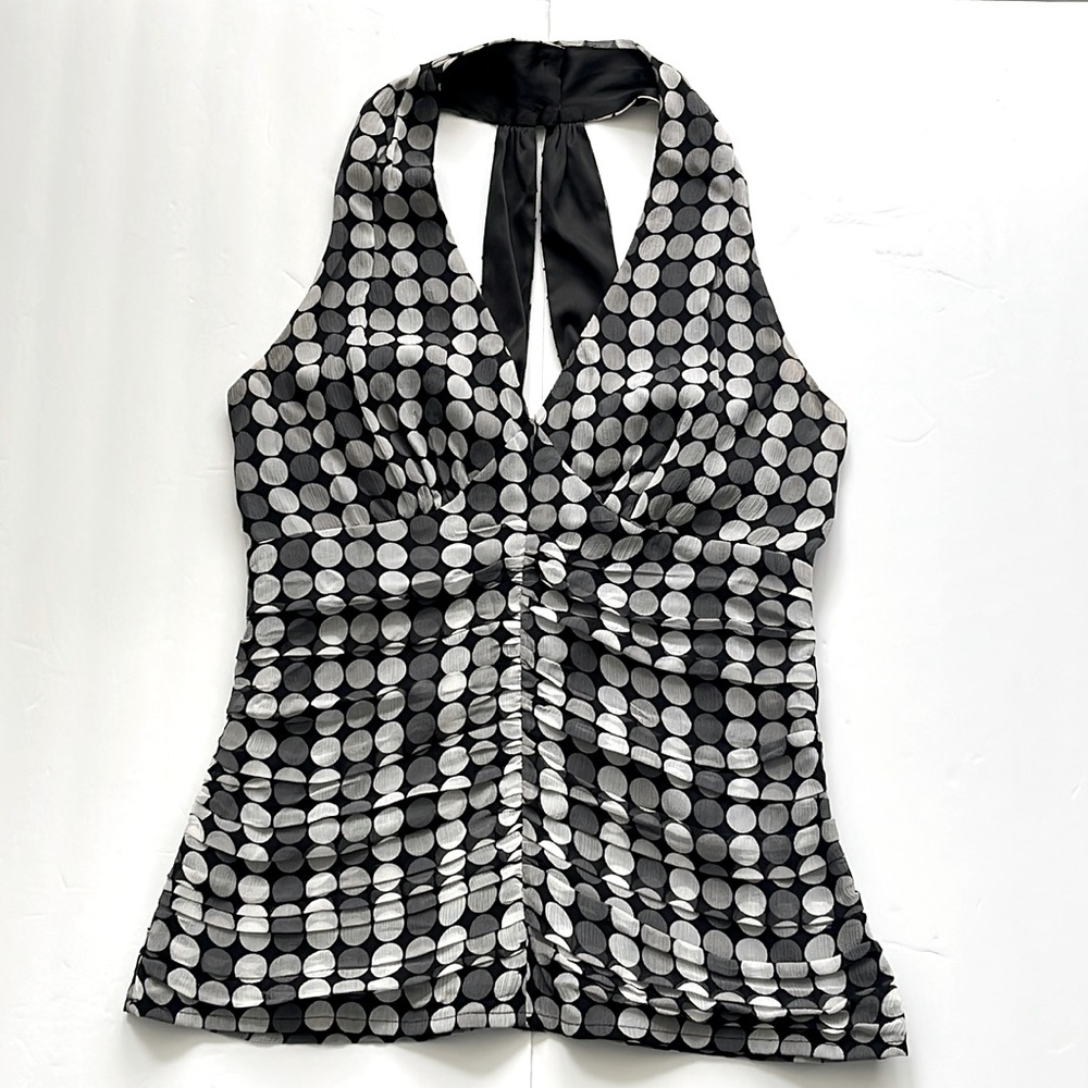 Vintage Express Gray/Black Polka Dot Fully Lined Silk HalterTop Blouse Side Zip4
